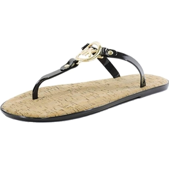 New Michael Kors black jelly and Gold MK Logo charm Cork footbed - Picture 1 of 4